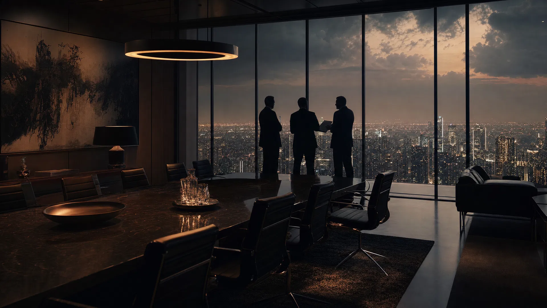 Executives in a high-rise boardroom overlooking a city skyline at dusk