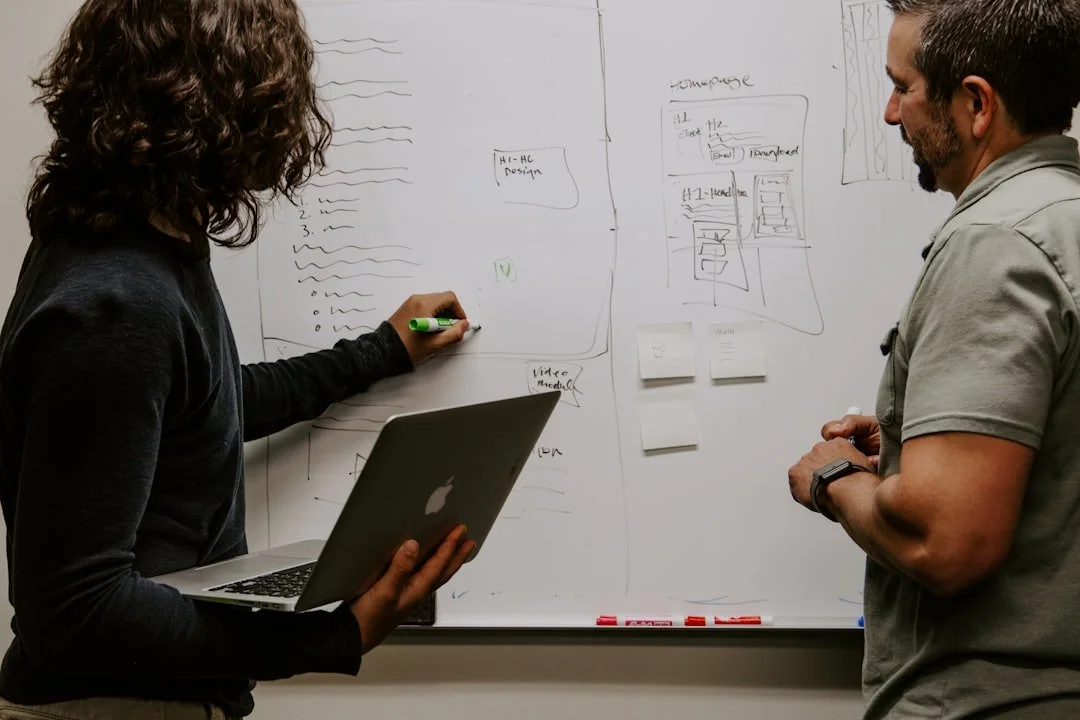 Leadership team collaborating at a whiteboard during a strategy session